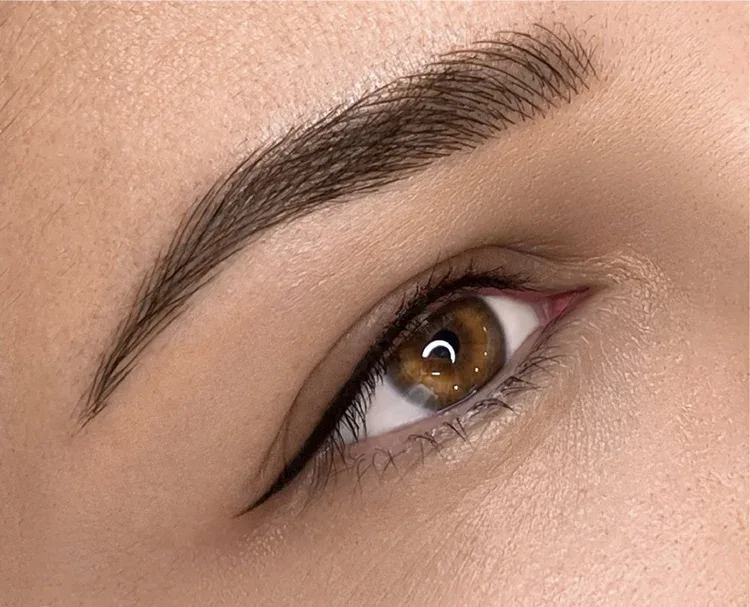 Finished brow and winged liner result — sharp brow and eyeliner over a brown eye