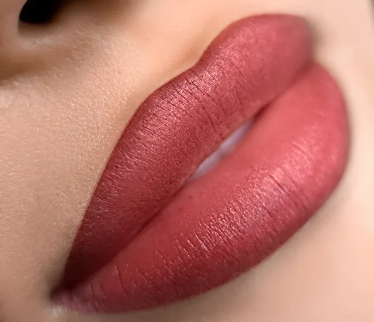 Healed lip result — matte rosewood lips macro