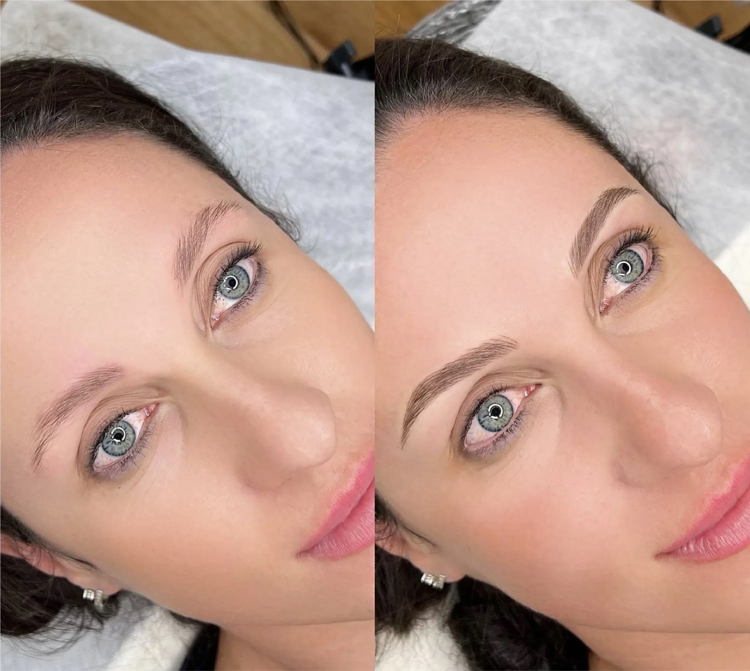 Brow before and after — sparse to defined natural brows, blue eyes